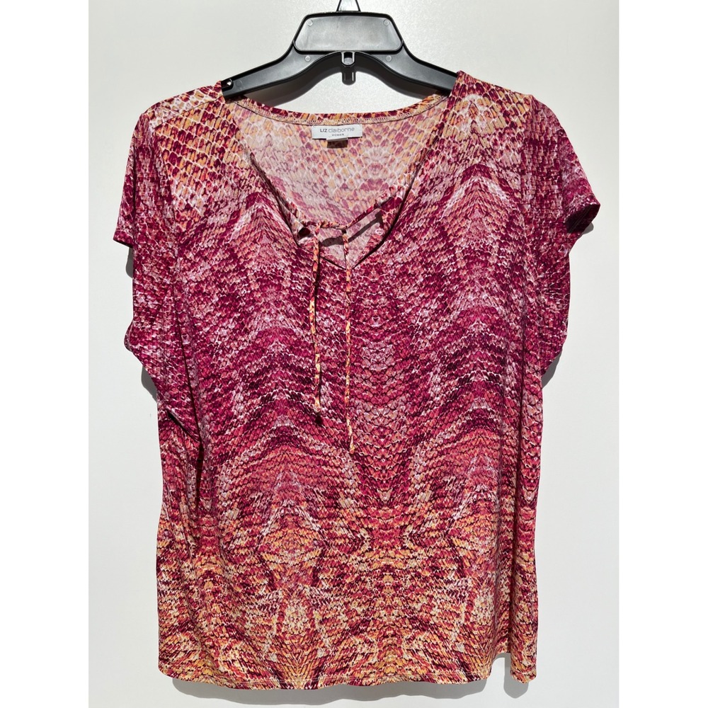 Liz Claiborne Women 2X Pink Orange‎ Snakeskin Print Tie Neck Short Sleeve Blouse